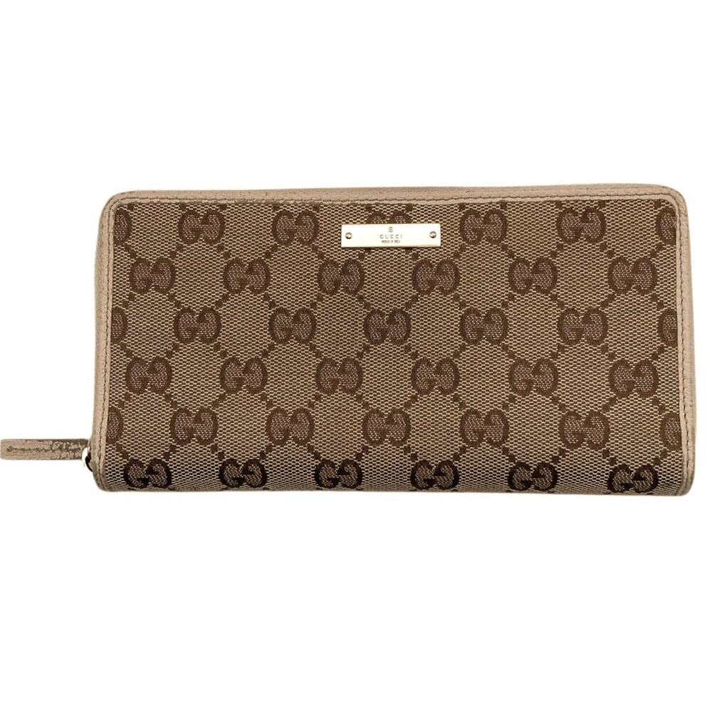 Gucci GG Canvas Zip‎ Around Continental Wallet Monogram Beige Tan Leather